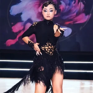 Black Polyester Adult Women Latin Dance Costume Half Sleeve Cutout Feather Tassel Tutu Skirts Performance Competition