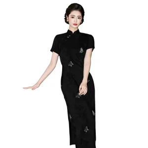 Black Republic style Chinese Long Cheongsam WZY9630 Solid Pattern Modernized Youthful Look ‘s Latest Women’s Design Upscale