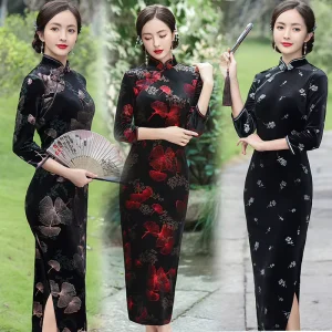 Black Vintage Chinese Style Print Flower Qipao Long Handmade Button Cheongsam Dress Women’s Mandarin Collar Traditional Dress