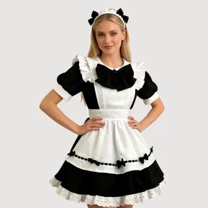 Black White Maid Dress Japanese Lolita Anime Cosplay Costume for Women