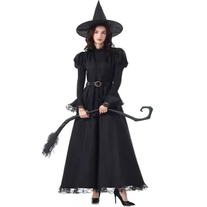 Black Witch Costume for Halloween Movie Performance Long Dress with Elegant Lace for Magician Party