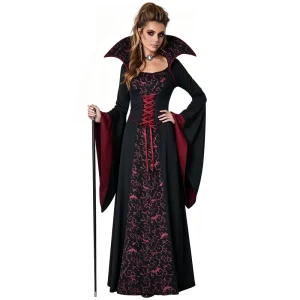 Black and Red Gothic Vampire Witch Costume for Women with Stand Collar and Trumpet Sleeves