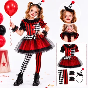 Black and Red Grid Evil Clown Costume for Girls, Halloween Carnival Party