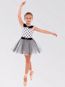 Black and White Dot Spandex With Black Mesh Belt Ballet Tutu Dance Costumes