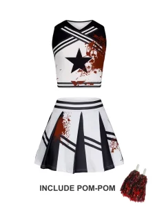 Blood Splatter Star Print Cheerleading Uniform Set with Pom Poms for Halloween Horror Theme Cosplay Costume