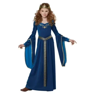 Blue Medieval Princess Costume with Crown Cotton Renaissance Gown