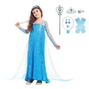 Blue Princess Costume Dress with Headband and Wand for Girls Halloween