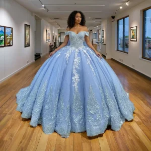 Blue Quinceanera Ball Gown Floor-Length Evening Dress with Cathedral Royal Train Lace Decoration Plus Size