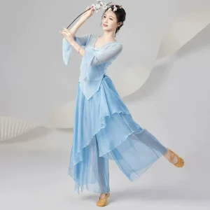 Blue Top with Culotte 2-Piece Belly Dance Training Costume for Women