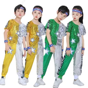 Boy Girl Sequin Jazz Dance Costume Kids Stage Halloween Performance Wear Modern Dancing Outfits Sparkle Hip Hop Disco Dance Wear