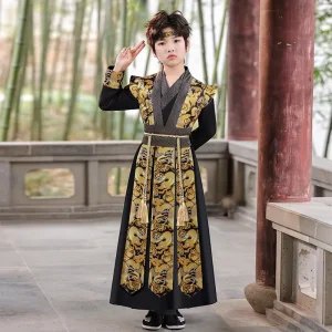 Boys Black Hanfu Spring Dress Ancient Style Tang Suit Long Sleeve Chinese Style Costume