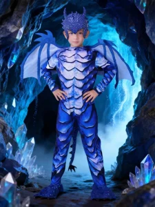 Boys Blue Dragon Halloween Jumpsuit Costume Set with Wings Tail Horns Scales and Spikes