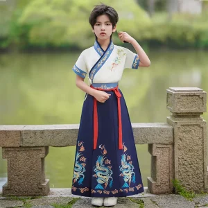 Boys’ Chinese Han Style Horse-Faced Skirt Suit with Short Sleeves