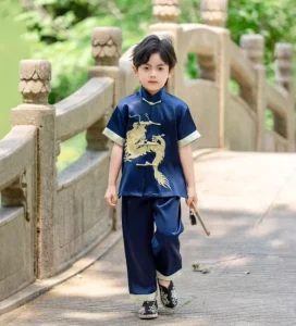 Boys’ Chinese Tang Suit Stage Performance Costume 2-Piece Shirt and Pants Embroidered Dragon
