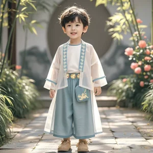 Boys’ Hanfu Guofeng Tang Suit with Long Sleeves and Digital Print