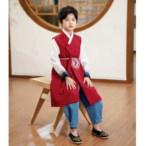 Boys’ Korean-Style Three-Piece Stage Performance Suit Jacket and Long Pants Set Ethnic Minority Embroidery 100% Polyester
