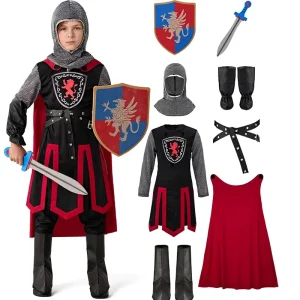 Boys’ Medieval Knight Costume Renaissance Warrior Outfit Set with Shield, Sword, Cape, Helmet, Boots and Gauntlets for Halloween Cosplay and LARP
