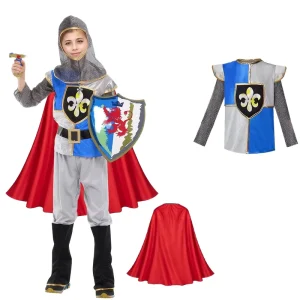 Boys Medieval Knight Costume with Chainmail Hood Red Cape and Shield Polyester