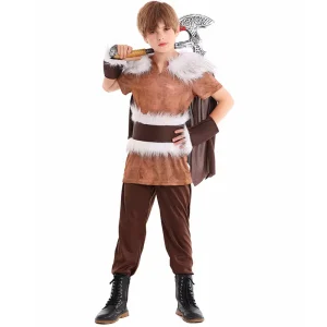 Boys’ Norse Warrior Medieval Armor Costume Set with Cape Fur Vest and Helmet
