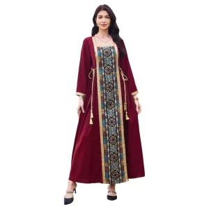 Burgundy Abaya Vertical Embroidery Square Neck Long Sleeve Modest Dress for Eid Ramadan Wedding Dubai Kaftan Jalabiya