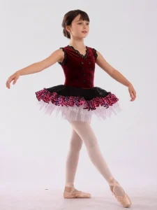 Burgundy Velvet Printed Spandex Black Lace Ballet Tutu Dance Costumes