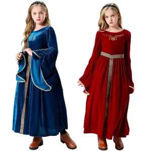 Carnival Costume Halloween Witch Cosplay Costume Girl’s Royal Blue Red Medieval Renaissance Gothic Velvet Princess Dress