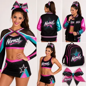 Cheerleading Uniform for Performance with Shiny Printed Logo Cheerleader Costume Warm-Up Set