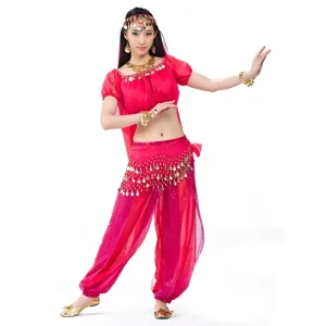 Chiffon Sequin Belly Dance Costume Set with Lantern Sleeve Veil Skirt Dress