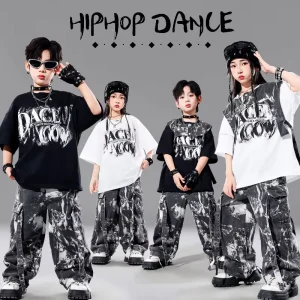 Children Kids Hip Hop Dance Costume Black White Oversized T Shirt Grey Acid Wash Distressed Cargo Pants Stage Performance