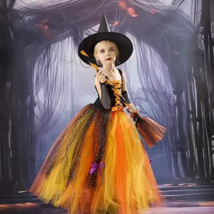 Children Orange Color Fairy Tales Halloween Witch Cosplay Costume Girl Long Witch Performance Dress
