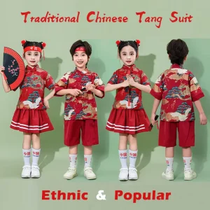 Children Traditional Chinese Hanfu Dress Tang Suit Set Red Polyester 3D Pattern Buckle Closure Festival Costumes Unisex New