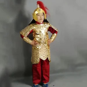 Children’s Ancient General Costume with Golden Armor and Helmet Set Movie Prop Three Kingdoms Stage Performance Outfit