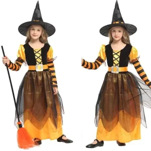 Children’s Black Witch Costume with Purple and Yellow Bubble Skirt