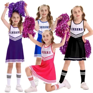 Children’s Cheerleading Uniforms Polyester Dress Costume Set with Pom Poms for School Sports Day Dance Performance Show