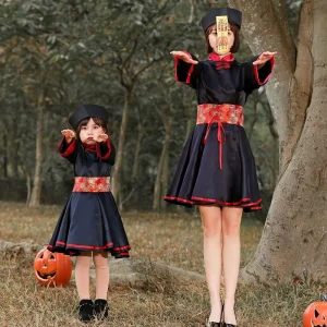 Children’s Chinese Ghost Zombie Costume Set with Dress, Belt, and Hat