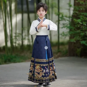Children’s Chinese Style Hanfu Boys Horse Face Long Sleeve Skirt Suit Young Master Tang Suit Party Autumn Costume