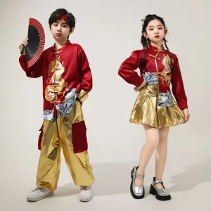 Children’s Chinese Style Jazz Dance Performance Costume with Guochao Hip-Hop Clothing for Boys