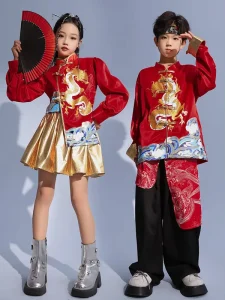 Children’s Chinese Tang Suit Kung Fu Stage Performance Costume Embroidered Dragon Polyester