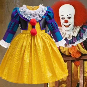 Children’s Clown Halloween Costume for Girls, Polyester Princess Style Party Dress