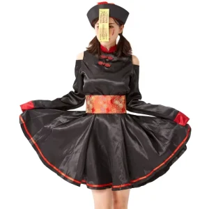 Children’s Girls Chinese Ghost Zombie Halloween Cosplay Costume Set with Dress Belt and Hat