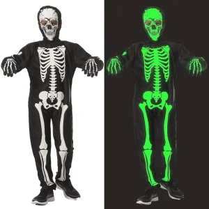 Children’s Glowing Skeleton Ghost One-Piece Costume for Small and Medium Kids