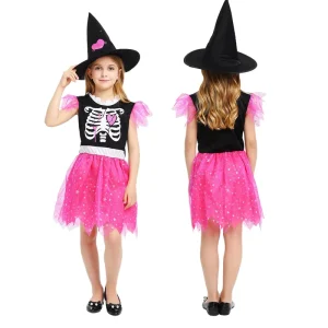 Children’s Gothic Witch Dress and Hat Costume Polyester Material for Parties