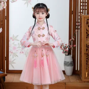 Children’s Hanfu Spring Dress Kids Chinese Style Tang Dress Little Girls Autumn Chinese Cheongsam Ancient Style Floral