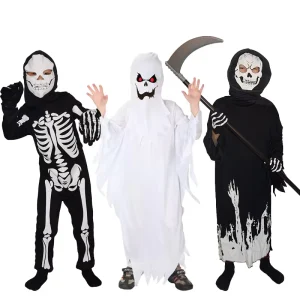 Children’s Luminous Ghost Vampire Costume with Glowing Glasses, Sickle and Long Black Cloak