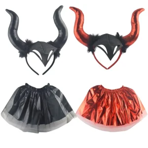 Children’s Performance Costume Devil Horn Costume Red Devil Horn Hairband Mesh Dress Halloween Cosplay Costume
