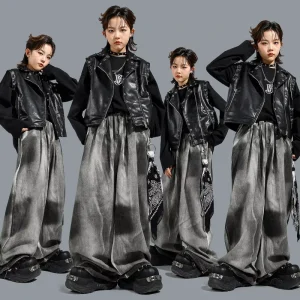 Children’s Performance Costumes Hip-hop Street Dance Fashion Kids’ Hip-hop Drum Set Dance Inkjet Trousers Performance Costumes