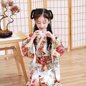 Children’s Traditional Japanese Kimono Gown Floral Pattern Girls’ Cosplay Costume