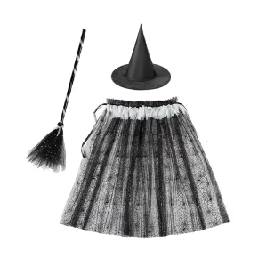 Children’s Unisex 3-Piece Witch Costume Set with Spider Web Tutu Skirt, Hat, and Broom