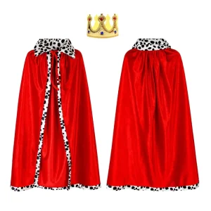 Children’s Unisex King Cloak and Crown Outfit Cosplay Medieval Prince King Halloween Party Red Velvet Cape Costume