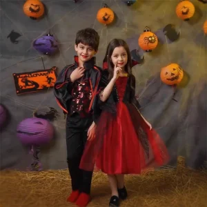 Children’s Vampire Cosplay Costume Boy Black Cape Suit Girl Red Lace Dress Halloween Party Performance Outfit